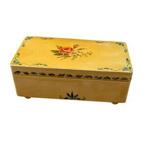 Vintage Hand-Painted Wooden Trinket Box Yellow Floral Design With Removable Lid